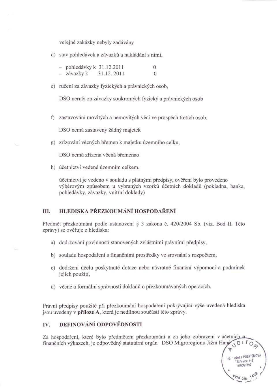 2011 o O e) ručení za závazky fyzických a právnických osob, DSO neručí za závazky soukromých fyzický a právnických osob f) zastavování movitých a nemovitých věcí ve prospěch třetích osob, DSO nemá