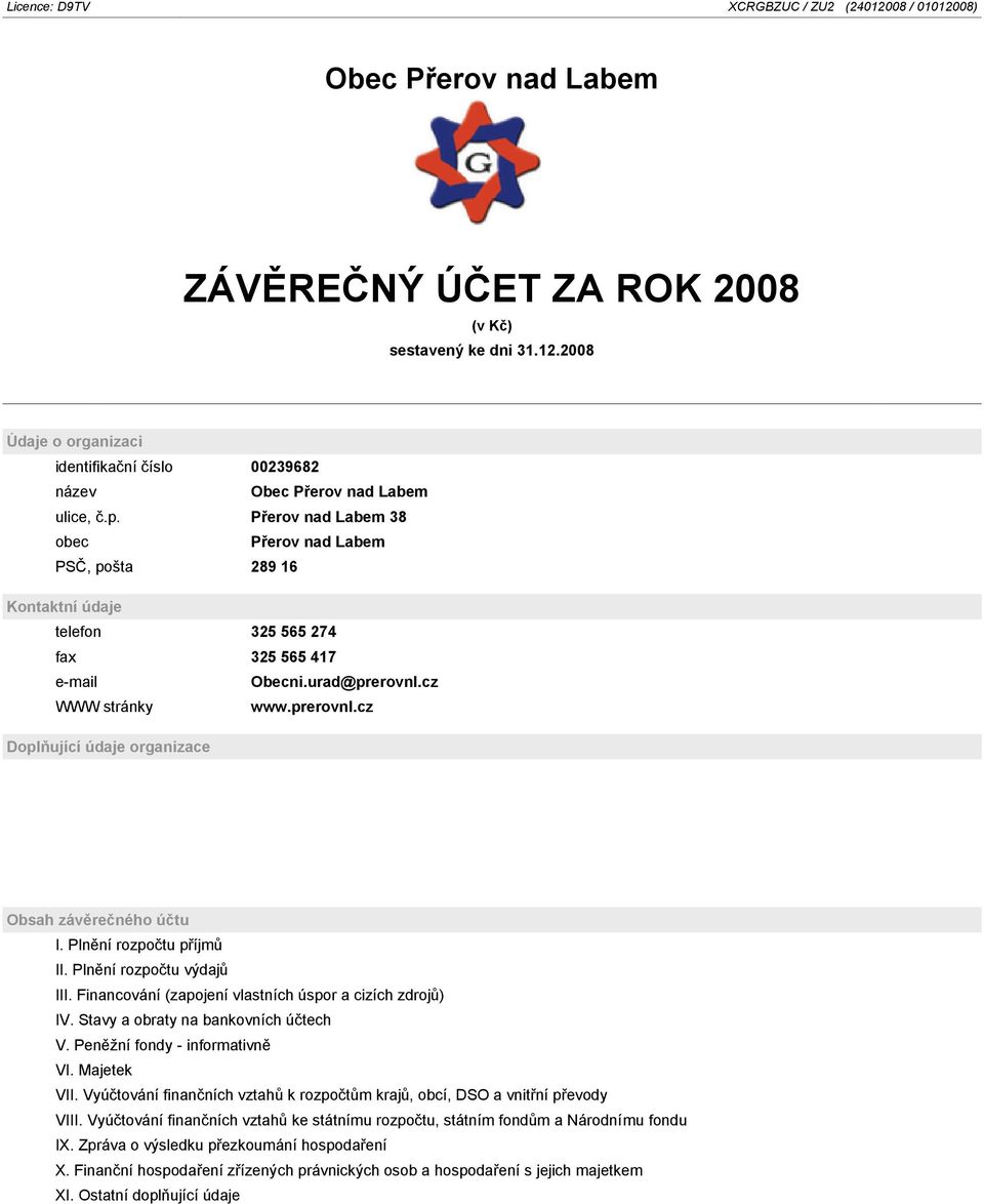 Plnění rozpočtu příjmů II. Plnění rozpočtu výdajů III. Financování (zapojení vlastních úspor a cizích zdrojů) IV. Stavy a obraty na bankovních účtech V. Peněžní fondy - informativně VI. Majetek VII.