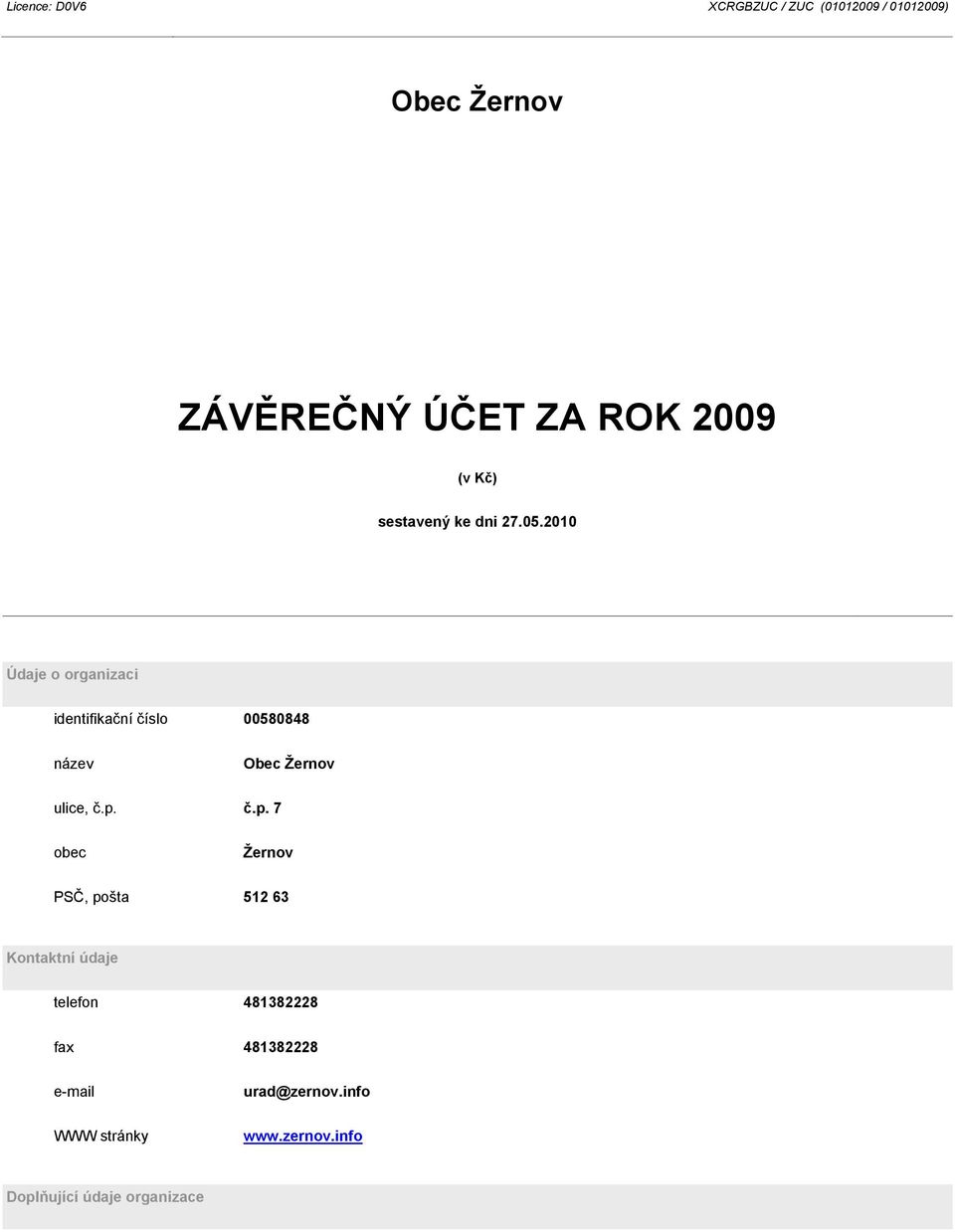 2010 Údaje o organizaci identifikační číslo 00580848 název Obec Žernov ulice, č.p.