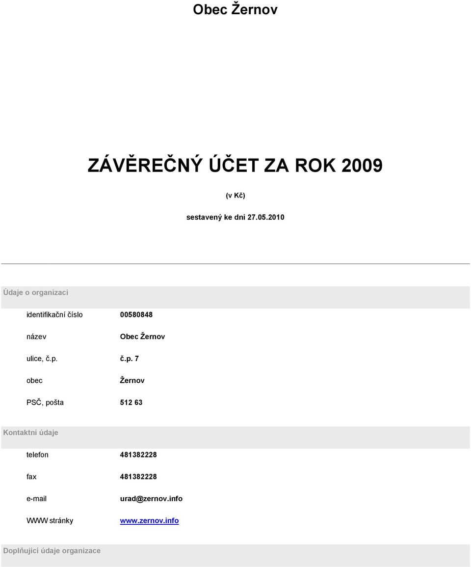 č.p. č.p. 7 obec Žernov PSČ, pošta 512 63 Kontaktní údaje telefon 481382228