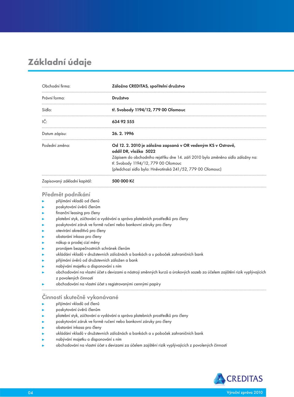 září 2010 bylo změněno sídlo záložny na: tř.