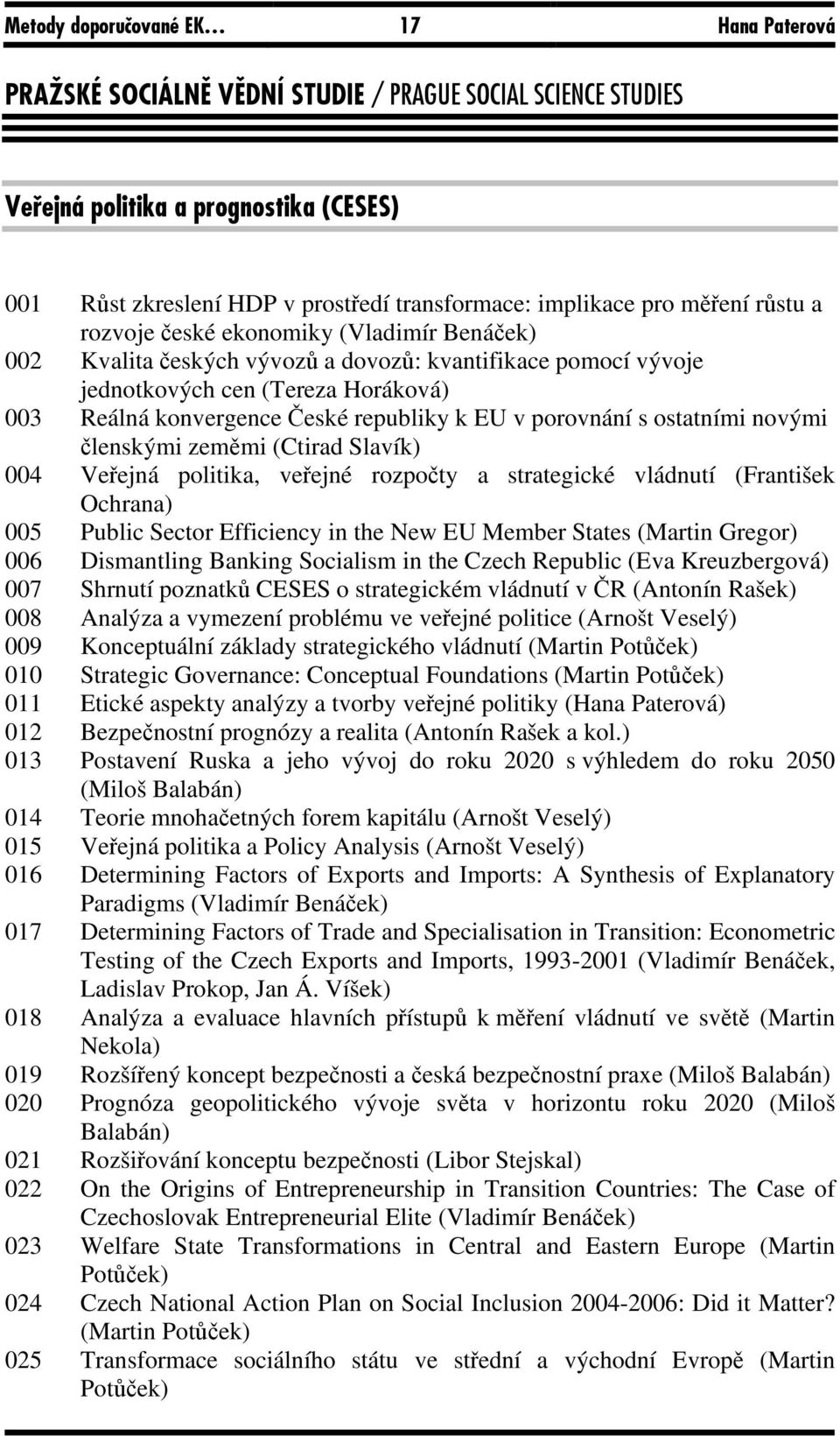 k EU v porovnání s ostatními novými členskými zeměmi (Ctirad Slavík) 004 Veřejná politika, veřejné rozpočty a strategické vládnutí (František Ochrana) 005 Public Sector Efficiency in the New EU