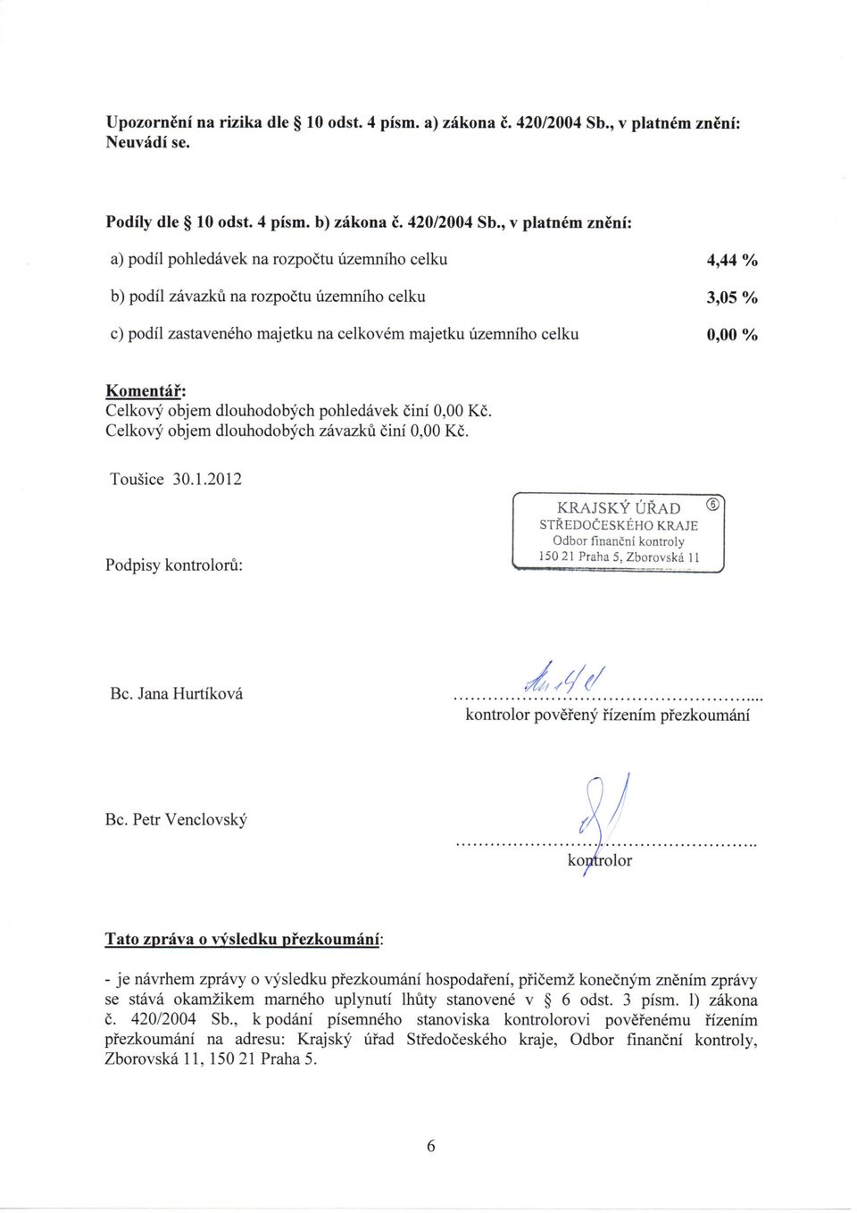 , v platnem zneni: a) podil pohledavek na rozpoctu uzemniho celku 4,44 % b) podil zavazku na rozpoctu uzemniho celku 3,05 % c) podil zastaveneho majetku na celkovem majetku uzemniho celku 0,00 %