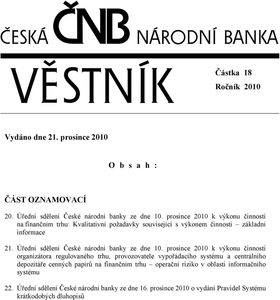 Úřední sdělení České národní banky ze dne 10.