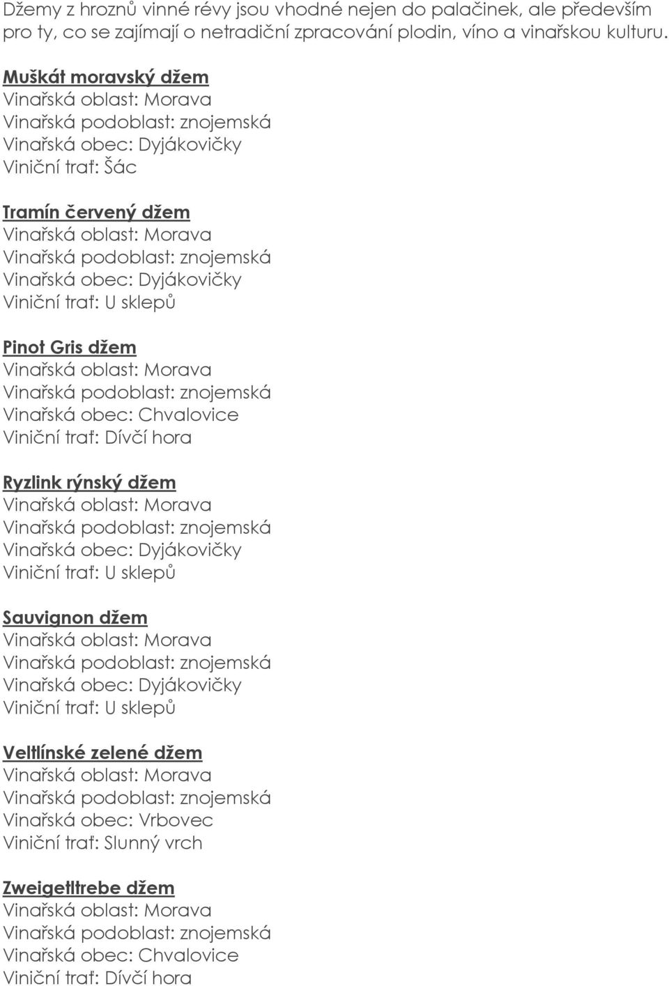 Muškát moravský džem Viniční trať: Šác Tramín červený džem Viniční trať: U sklepů Pinot Gris džem Vinařská obec: Chvalovice
