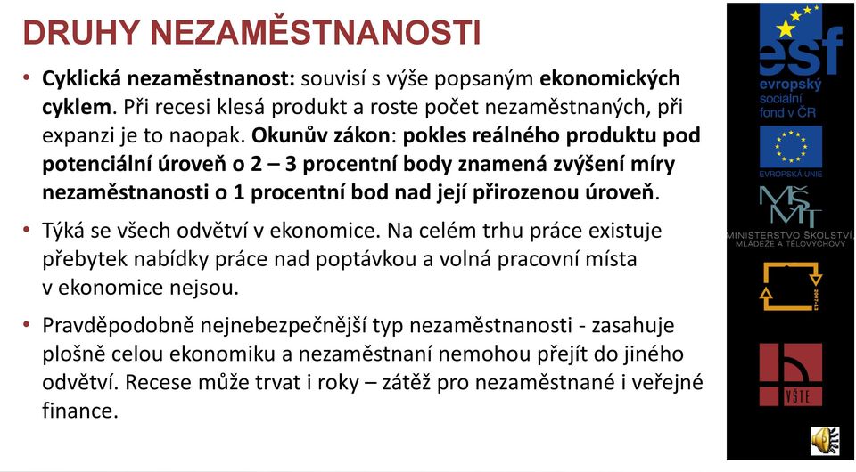 Okunův zákon: pokles reálného produktu pod potenciální úroveň o 2 3 procentní body znamená zvýšení míry nezaměstnanosti o 1 procentní bod nad její přirozenou úroveň.