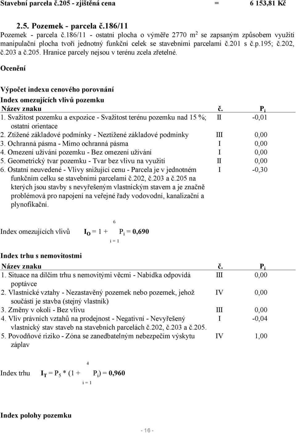 Hranice parcely nejsou v terénu zcela zřetelné. Ocenění Výpočet indexu cenového porovnání Index omezujících vlivů pozemku 1.