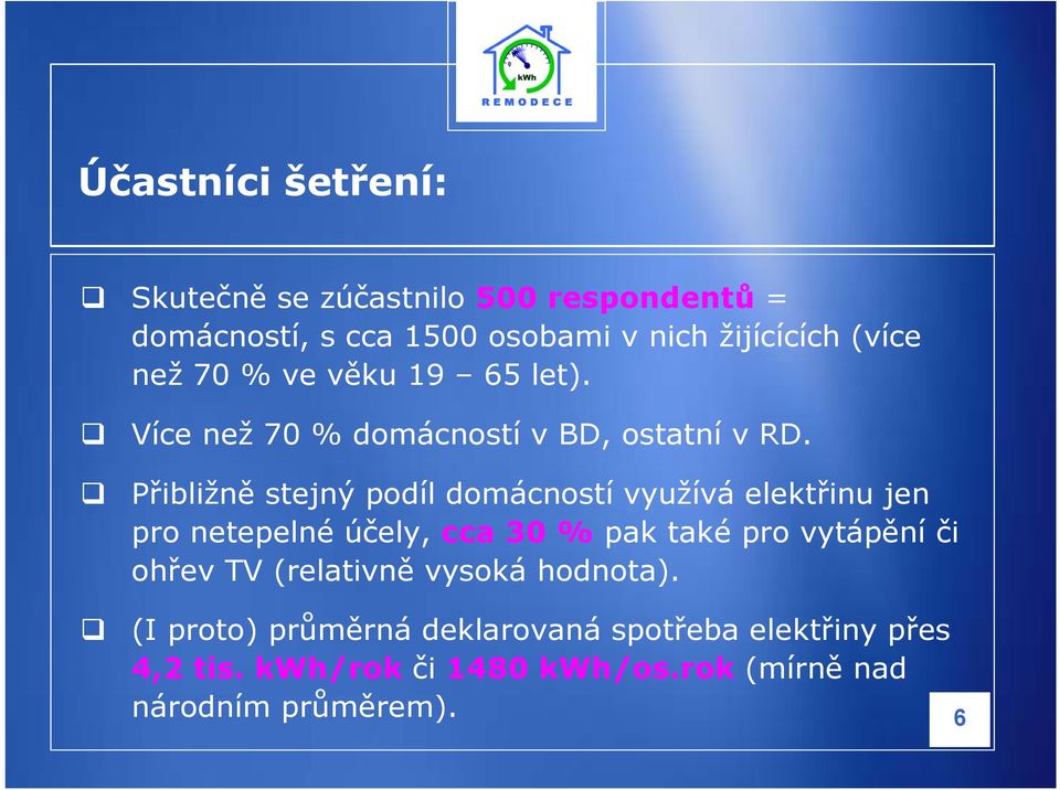 Přibližně stejný podíl domácností využívá elektřinu jen pro netepelné účely, cca 30 % pak také pro vytápění či