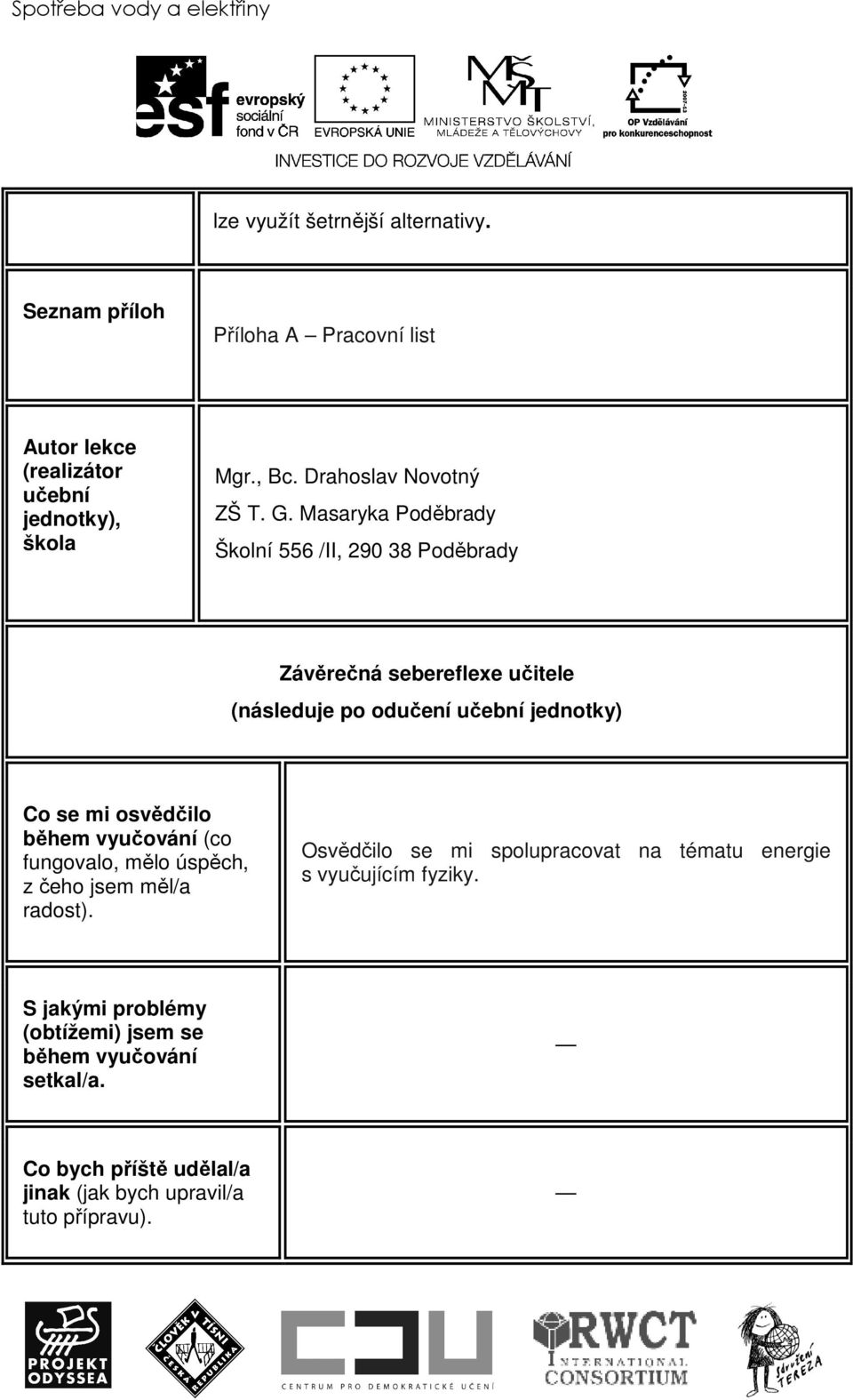 Masaryka Poděbrady Školní 556 /II, 290 38 Poděbrady Závěrečná sebereflexe učitele (následuje po odučení učební ) Co se mi osvědčilo během