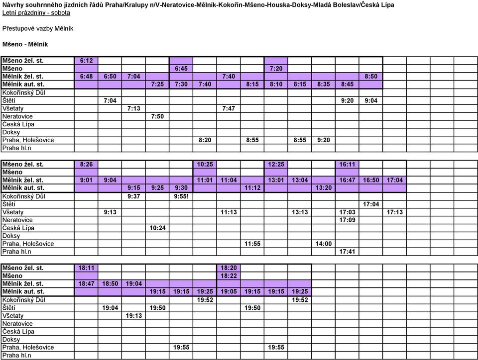 8:26 10:25 12:25 16:11 Mšeno Mělník žel. st. 9:01 9:04 11:01 11:04 13:01 13:04 16:47 16:50 17:04 Mělník aut. st. 9:15 9:25 9:30 11:12 13:20 9:55!