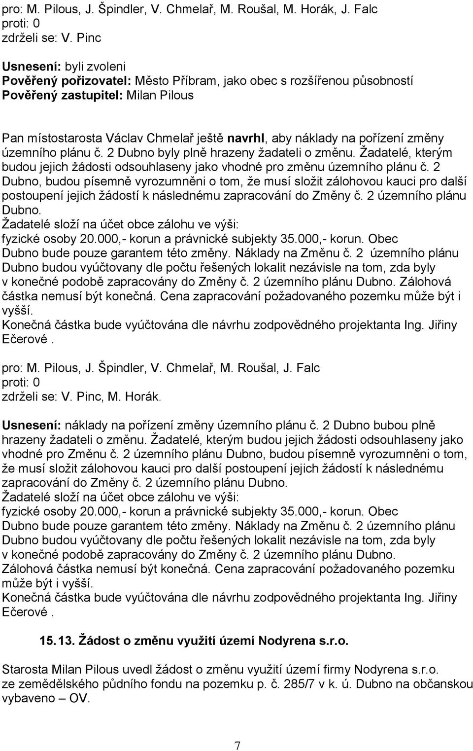 pořízení změny územního plánu č. 2 Dubno byly plně hrazeny žadateli o změnu. Žadatelé, kterým budou jejich žádosti odsouhlaseny jako vhodné pro změnu územního plánu č.