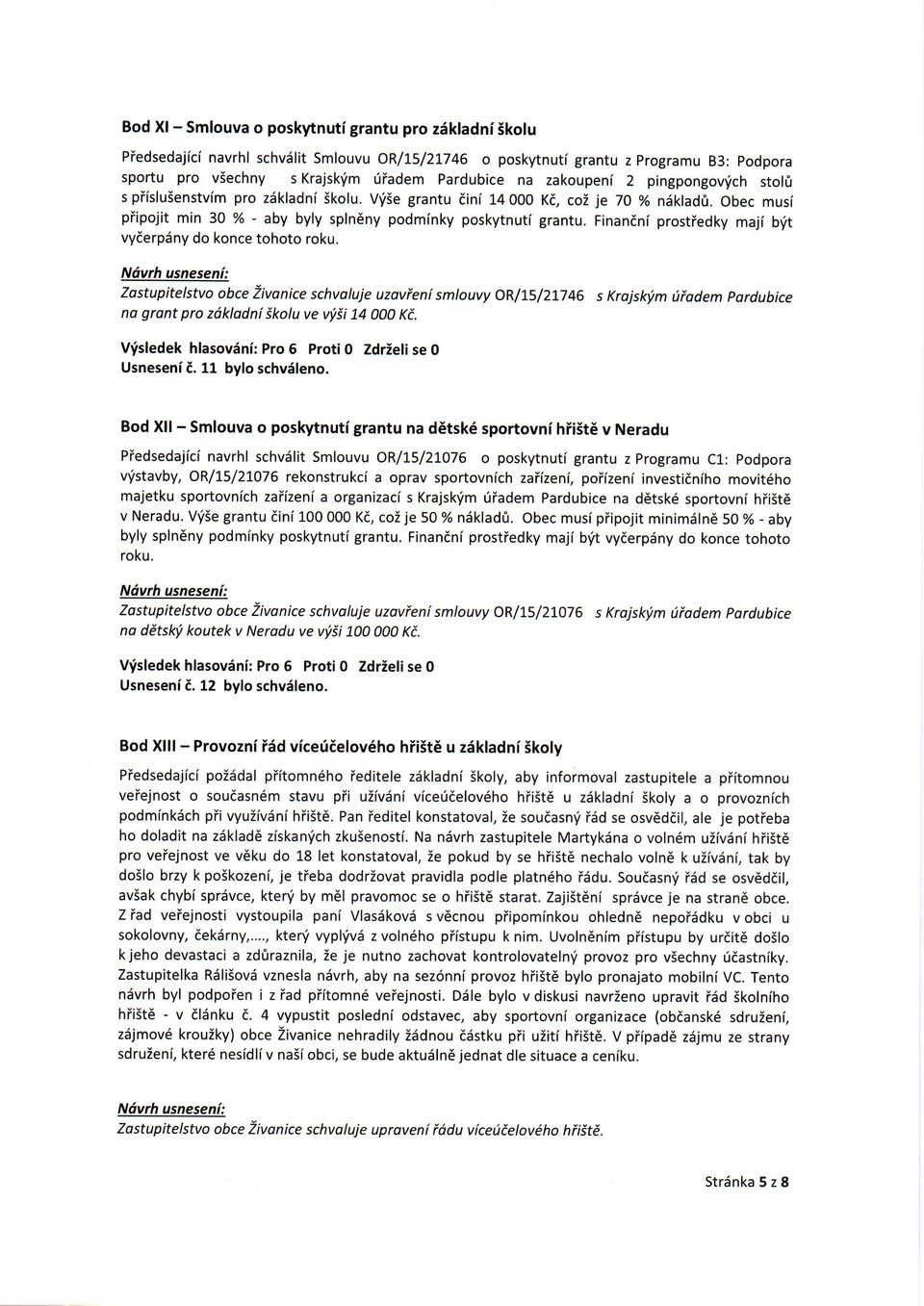 Finandni prstiedky maji b'it vyderpdny d knce tht rku. Zastupitelstv bce Zivanice schvluje uzvieni smluvy OR/L5/21746 s Krajskfm ifdem pardubice nd grnt pr zdkladni iklu ve vi,ii 14 000 Ki.