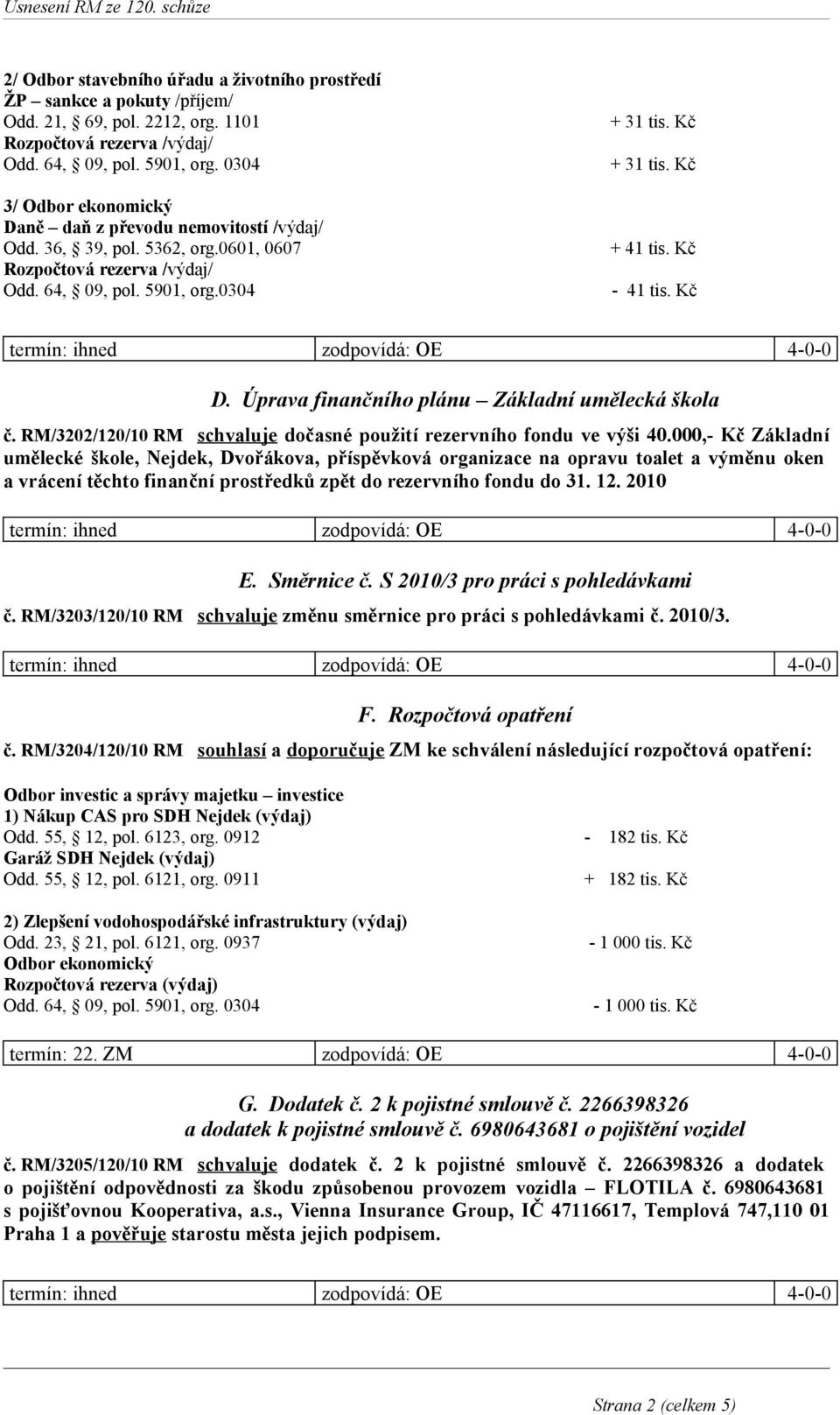 Úprava finančního plánu Základní umělecká škola č. RM/3202/120/10 RM schvaluje dočasné použití rezervního fondu ve výši 40.