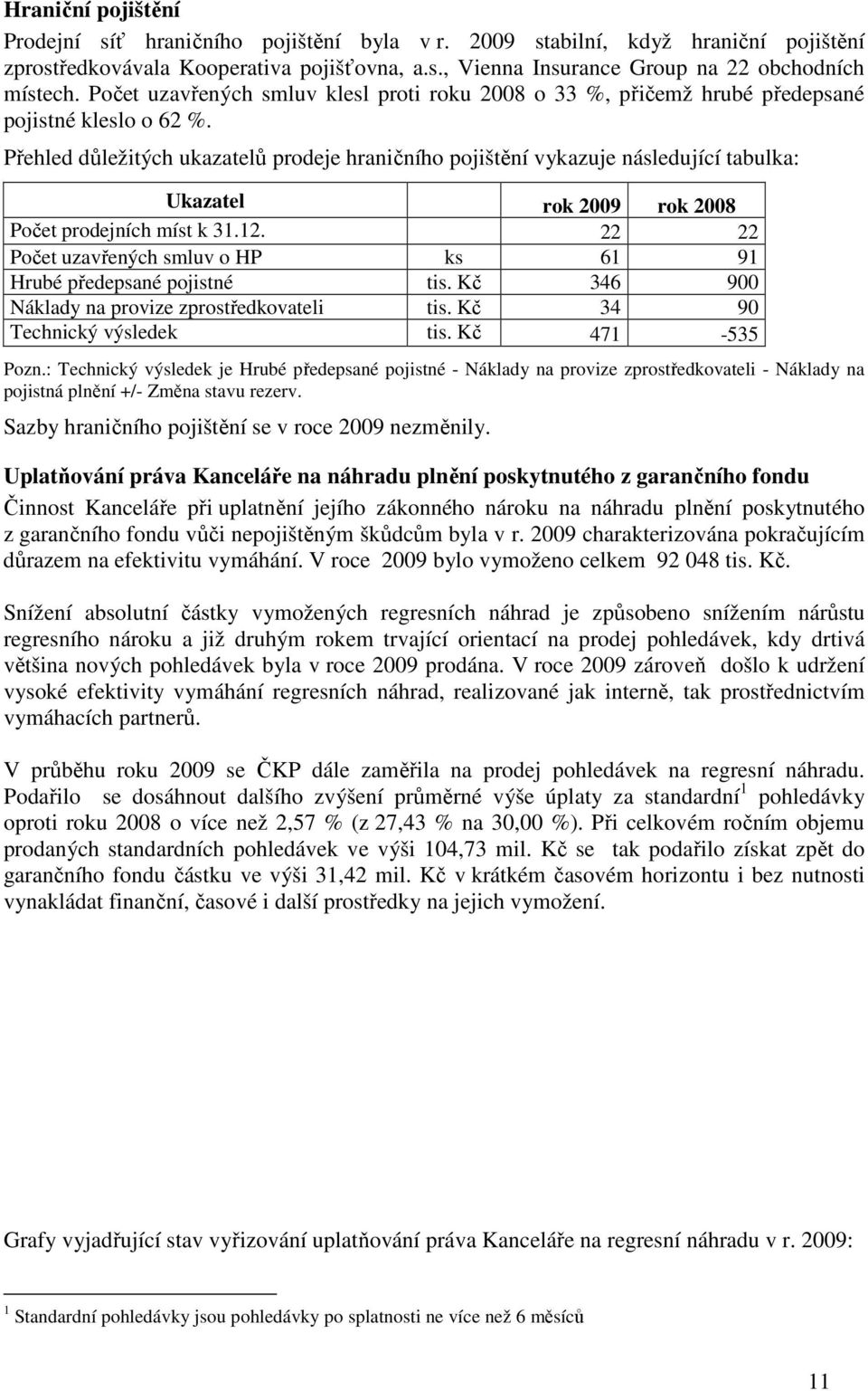 Přehled důležitých ukazatelů prodeje hraničního pojištění vykazuje následující tabulka: Ukazatel rok 2009 rok 2008 Počet prodejních míst k 31.12.