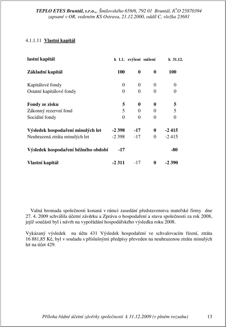 398-17 0-2 415 Neuhrazená ztráta minulých let -2 398-17 0-2 415 Výsledek hospodaření běžného období Vlastní kapitál -17-80 -2 311-17 0-2 390 Valná hromada společnosti konaná v rámci zasedání