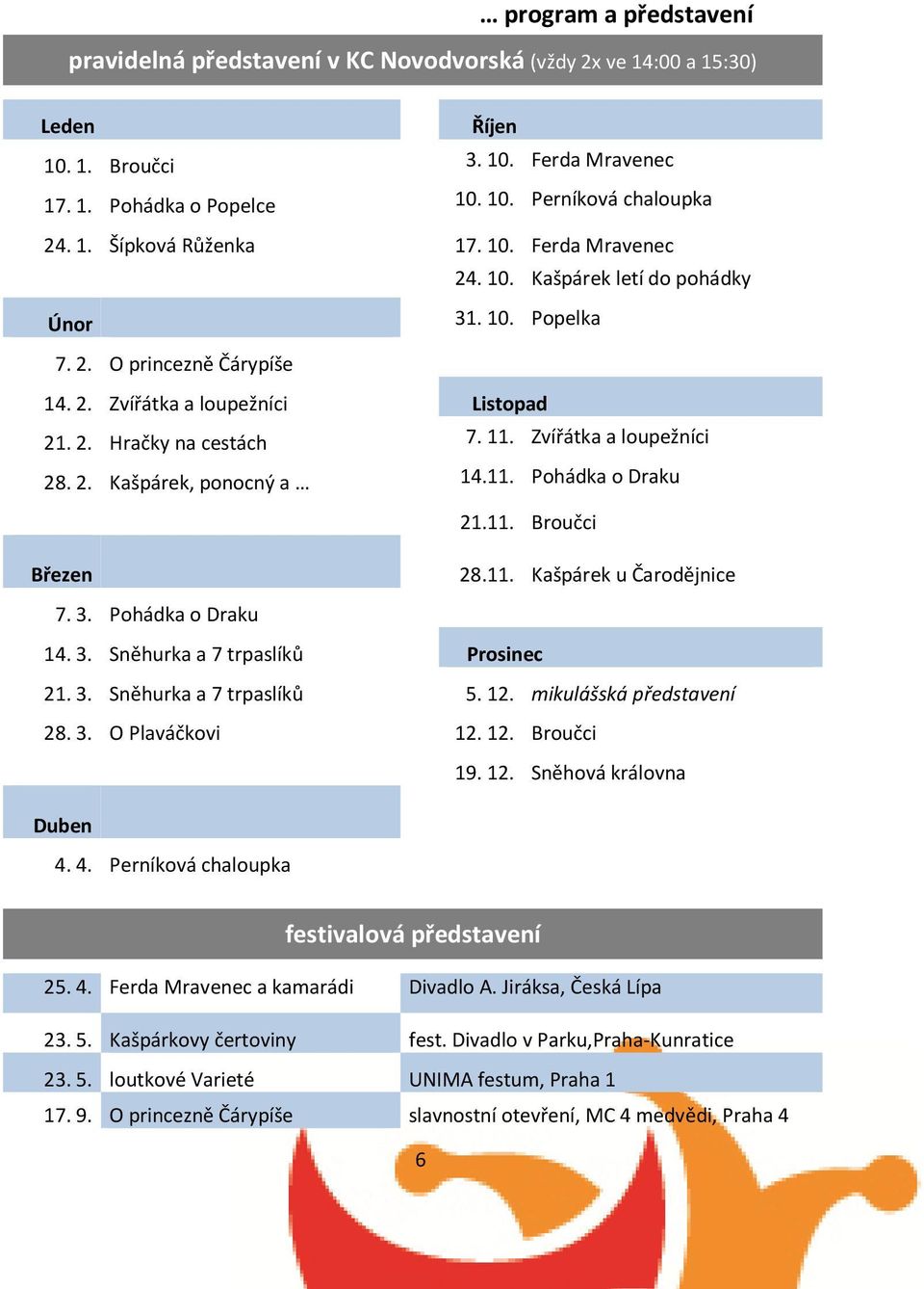 11. Pohádka o Draku 21.11. Broučci Březen 28.11. Kašpárek u Čarodějnice 7. 3. Pohádka o Draku 14. 3. Sněhurka a 7 trpaslíků Prosinec 21. 3. Sněhurka a 7 trpaslíků 5. 12. mikulášská představení 28. 3. O Plaváčkovi 12.