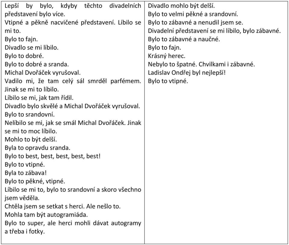 Nelíbilo se mi, jak se smál Michal Dvořáček. Jinak se mi to moc líbilo. Byla to opravdu sranda. Bylo to best, best, best, best, best! Byla to zábava! Bylo to pěkné, vtipné.