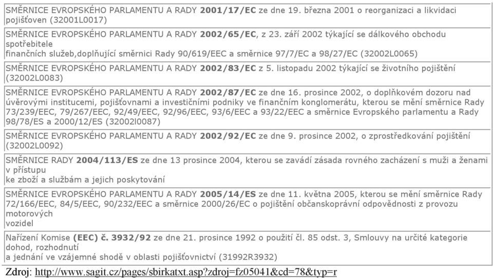 z 5. listopadu 2002 týkající se životního pojištění (32002L0083) SMĚRNICE EVROPSKÉHO PARLAMENTU A RADY 2002/87/EC ze dne 16.