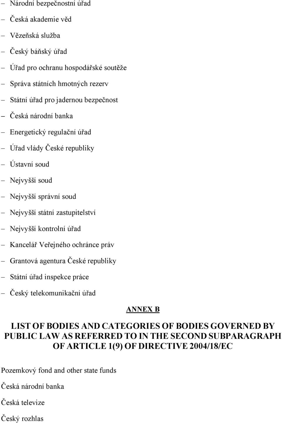 kontrolní úřad Kancelář Veřejného ochránce práv Grantová agentura České republiky Státní úřad inspekce práce Český telekomunikační úřad ANNEX B LIST OF BODIES AND CATEGORIES OF