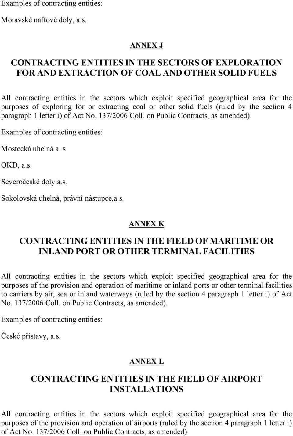 ANNEX J CONTRACTING ENTITIES IN THE SECTORS OF EXPLORATION FOR AND EXTRACTION OF COAL AND OTHER SOLID FUELS All contracting entities in the sectors which exploit specified geographical area for the