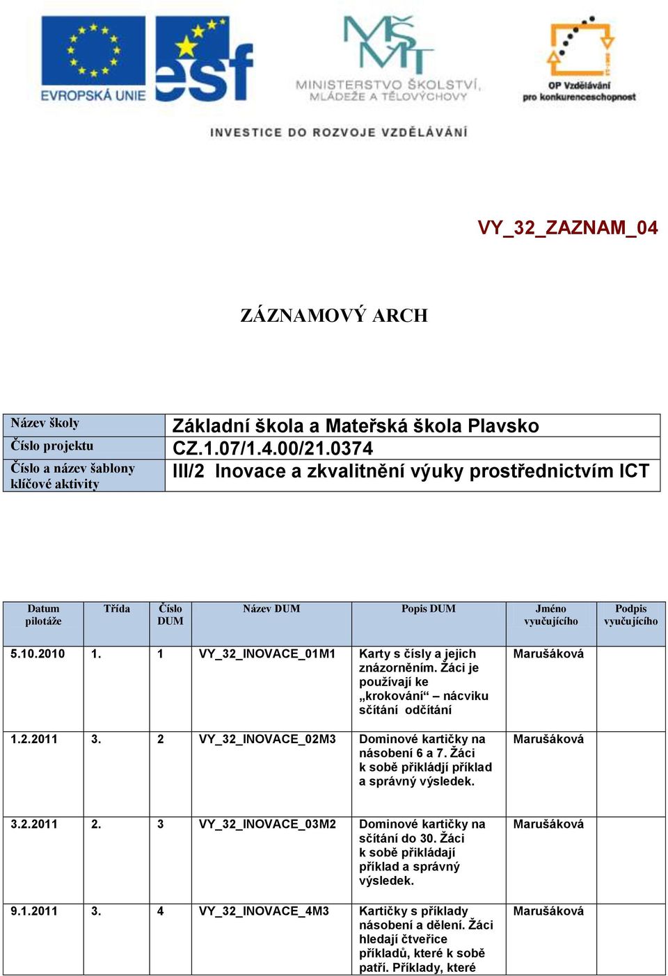 Žáci je používají ke krokování nácviku sčítání odčítání 1.2.2011 3. 2 VY_32_INOVACE_02M3 Dominové kartičky na násobení 6 a 7. Žáci k sobě přikládjí příklad a správný výsledek. 3.2.2011 2.