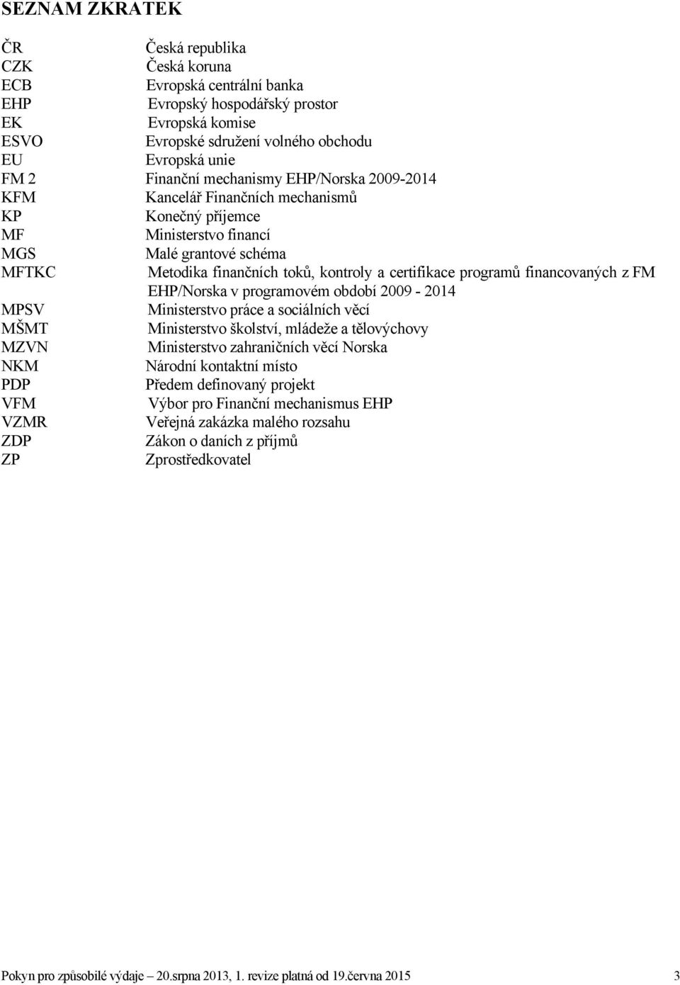 programů financovaných z FM EHP/Norska v programovém období 2009-2014 MPSV Ministerstvo práce a sociálních věcí MŠMT Ministerstvo školství, mládeže a tělovýchovy MZVN Ministerstvo zahraničních věcí