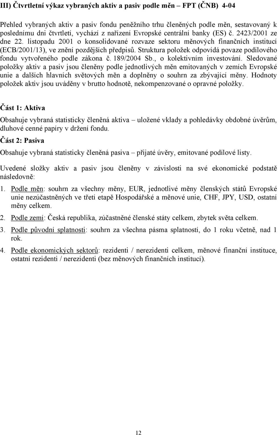 Struktura položek odpovídá povaze podílového fondu vytvořeného podle zákona č. 189/2004 Sb., o kolektivním investování.