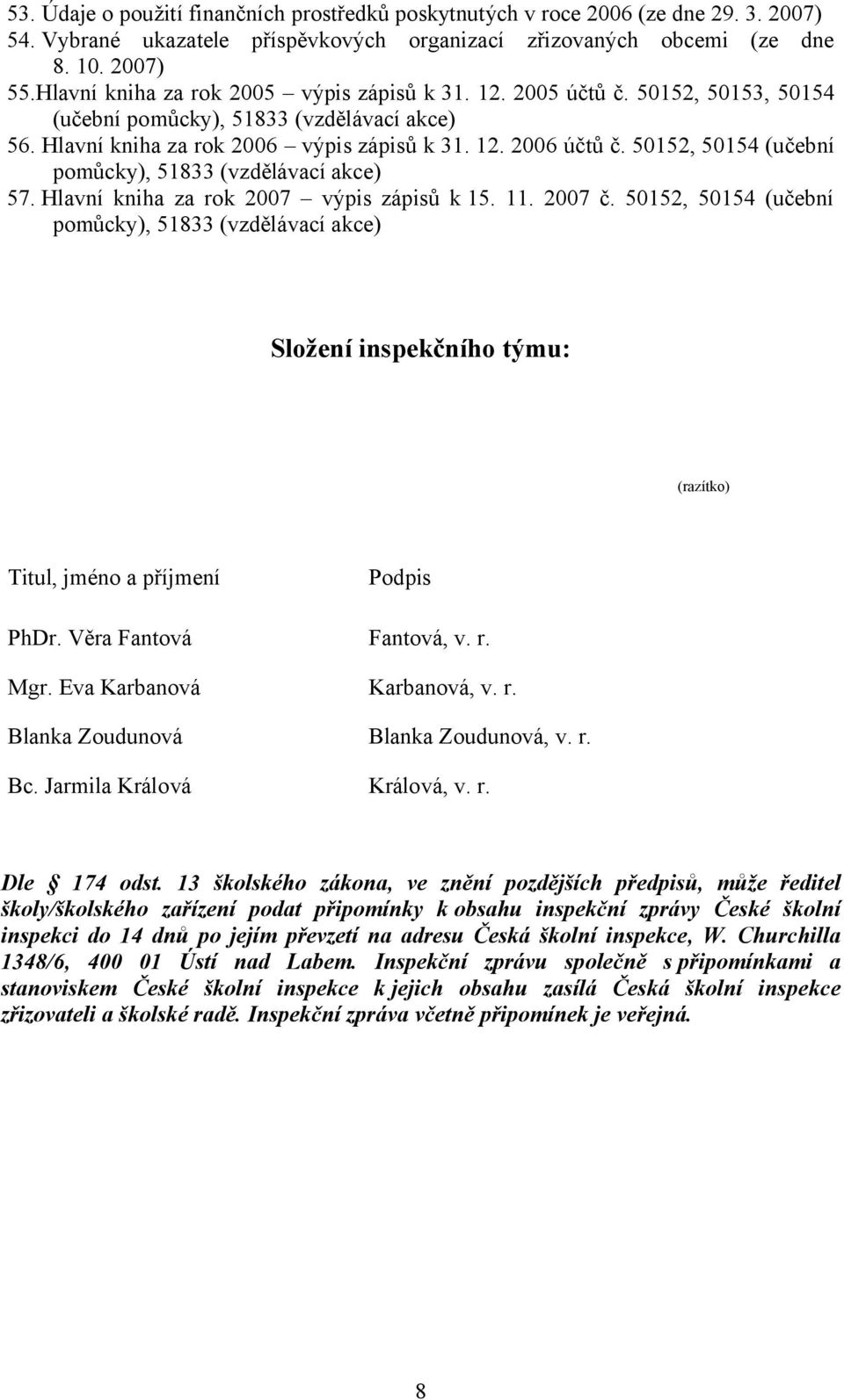 50152, 50154 (učební pomůcky), 51833 (vzdělávací akce) 57. Hlavní kniha za rok 2007 výpis zápisů k 15. 11. 2007 č.