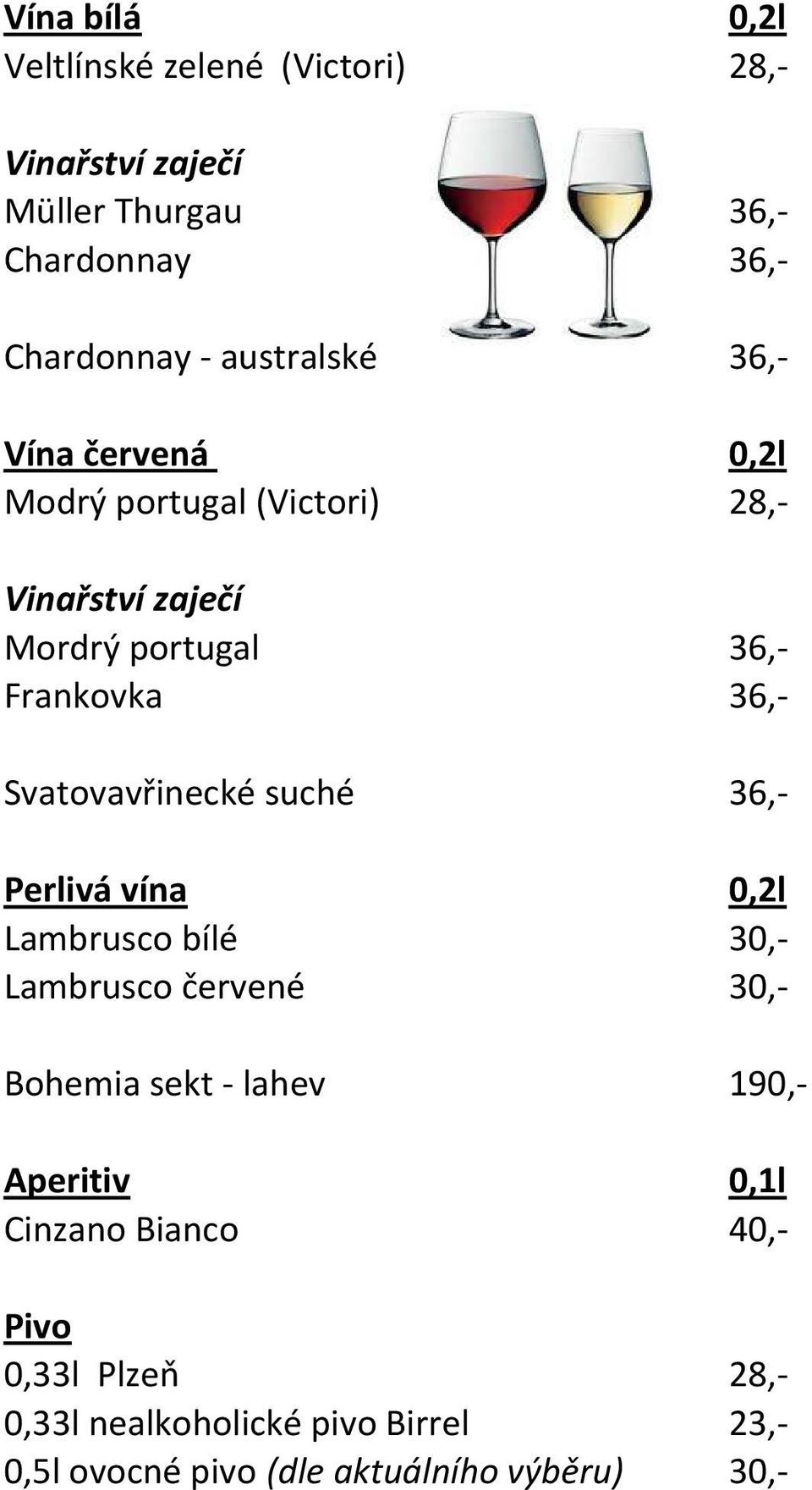 Svatovavřinecké suché 36,- Perlivá vína 0,2l Lambrusco bílé 30,- Lambrusco červené 30,- Bohemia sekt - lahev 190,-