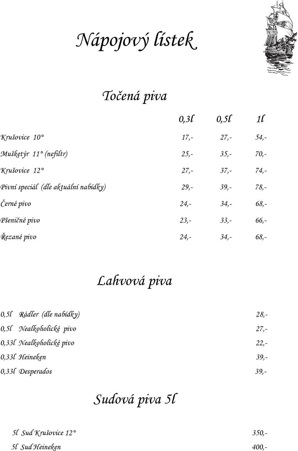 66,- Řezané pivo 24,- 34,- 68,- Lahvová piva 0,5l Rádler (dle nabídky) 28,- 0,5l Nealkoholické pivo 27,- 0,33l