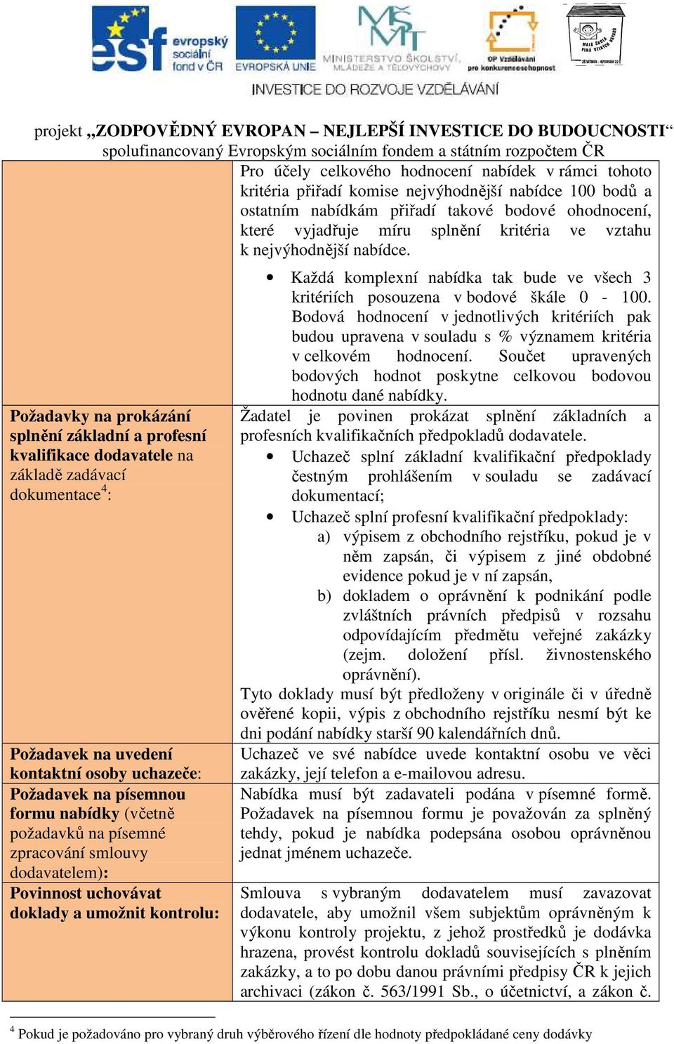 Požadavky na prokázání splnění základní a profesní kvalifikace dodavatele na základě zadávací dokumentace 4 : Požadavek na uvedení kontaktní osoby uchazeče: Požadavek na písemnou formu nabídky