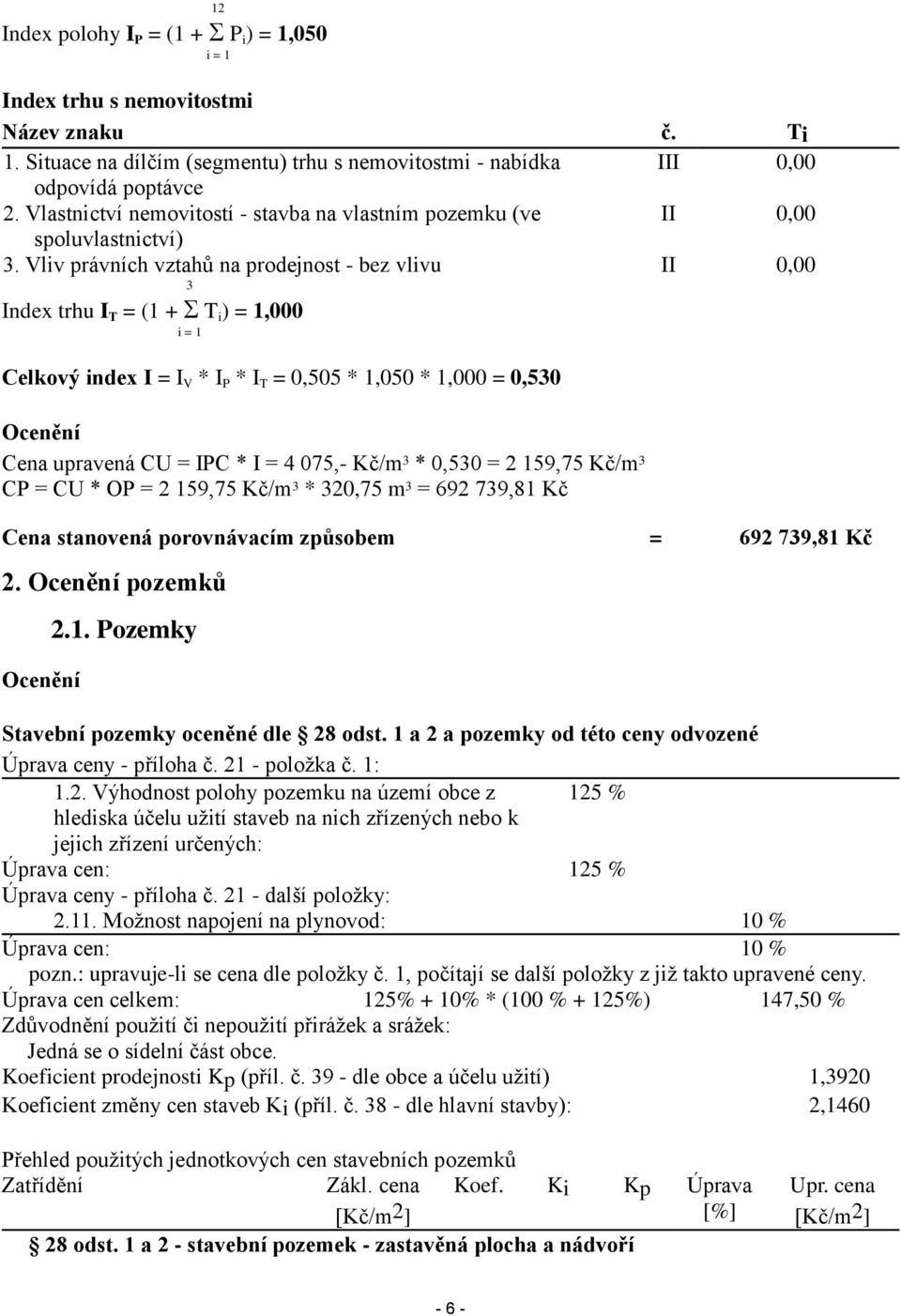 Vliv právních vztahů na prodejnost - bez vlivu II 0,00 3 Index trhu I T = (1 + T i ) = 1,000 i = 1 Celkový index I = I V * I P * I T = 0,505 * 1,050 * 1,000 = 0,530 Ocenění Cena upravená CU = IPC * I