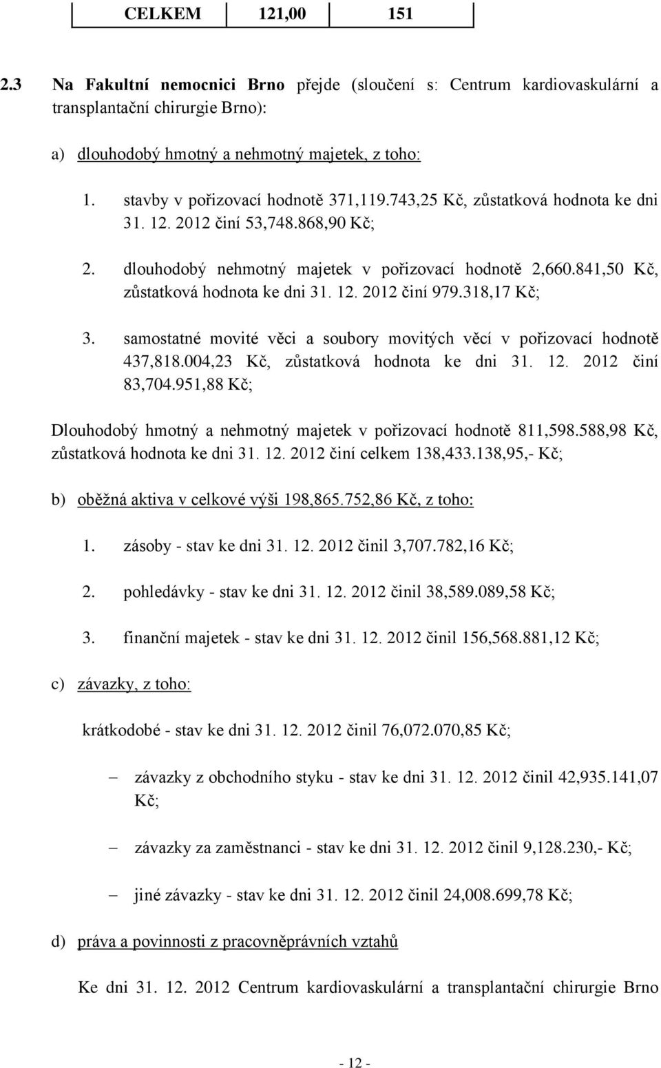 841,50 Kč, zůstatková hodnota ke dni 31. 12. 2012 činí 979.318,17 Kč; 3. samostatné movité věci a soubory movitých věcí v pořizovací hodnotě 437,818.004,23 Kč, zůstatková hodnota ke dni 31. 12. 2012 činí 83,704.