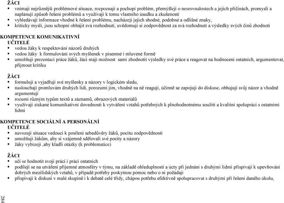 zodpovědnost za svá rozhodnutí a výsledky svých činů zhodnotí KOMPETENCE KOMUNIKATIVNÍ UČITELÉ vedou žáky k respektování názorů druhých vedou žáky k formulování svých myšlenek v písemné i mluvené