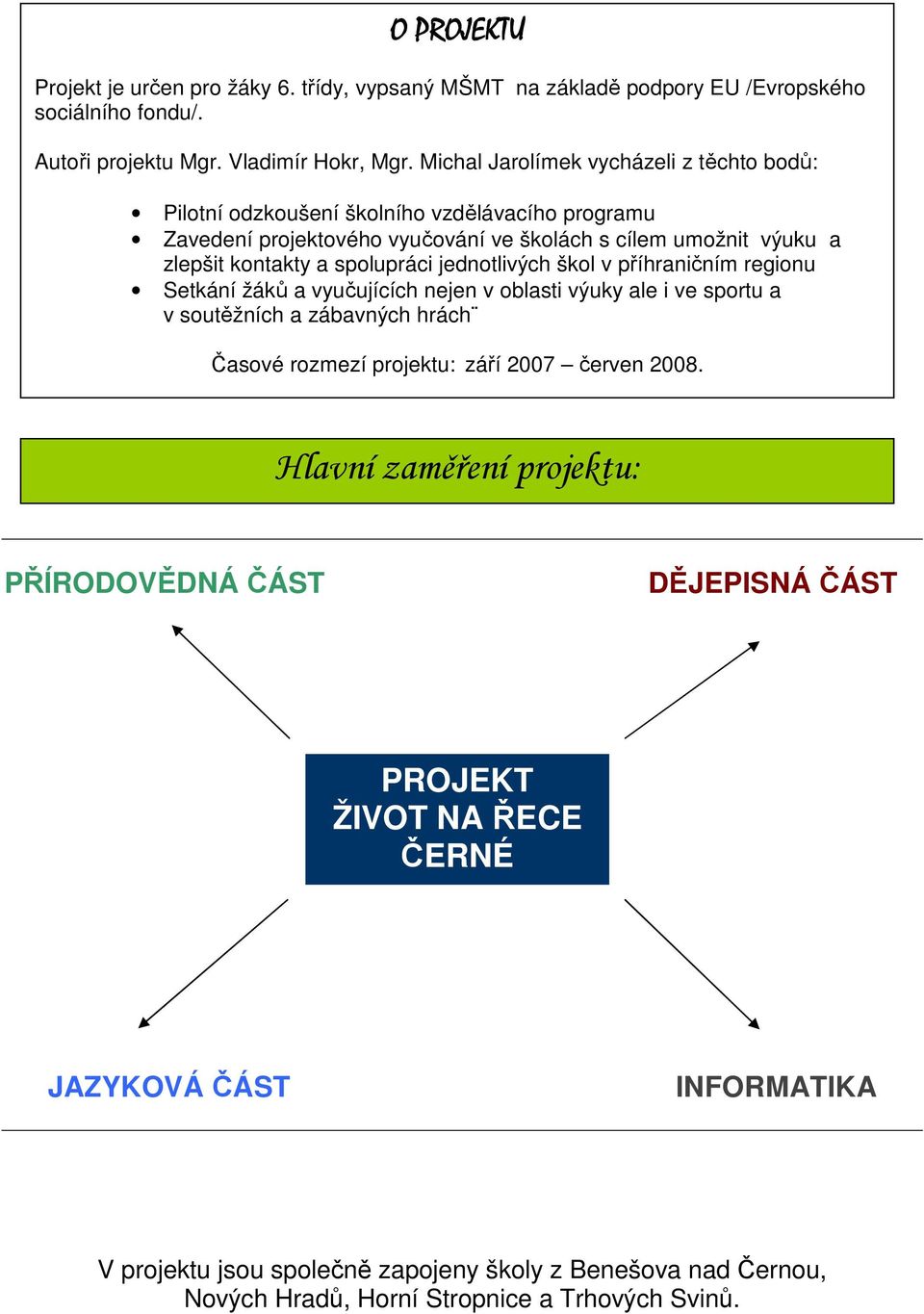 jednotlivých škol v příhraničním regionu Setkání žáků a vyučujících nejen v oblasti výuky ale i ve sportu a v soutěžních a zábavných hrách Časové rozmezí projektu: září 2007 červen 2008.