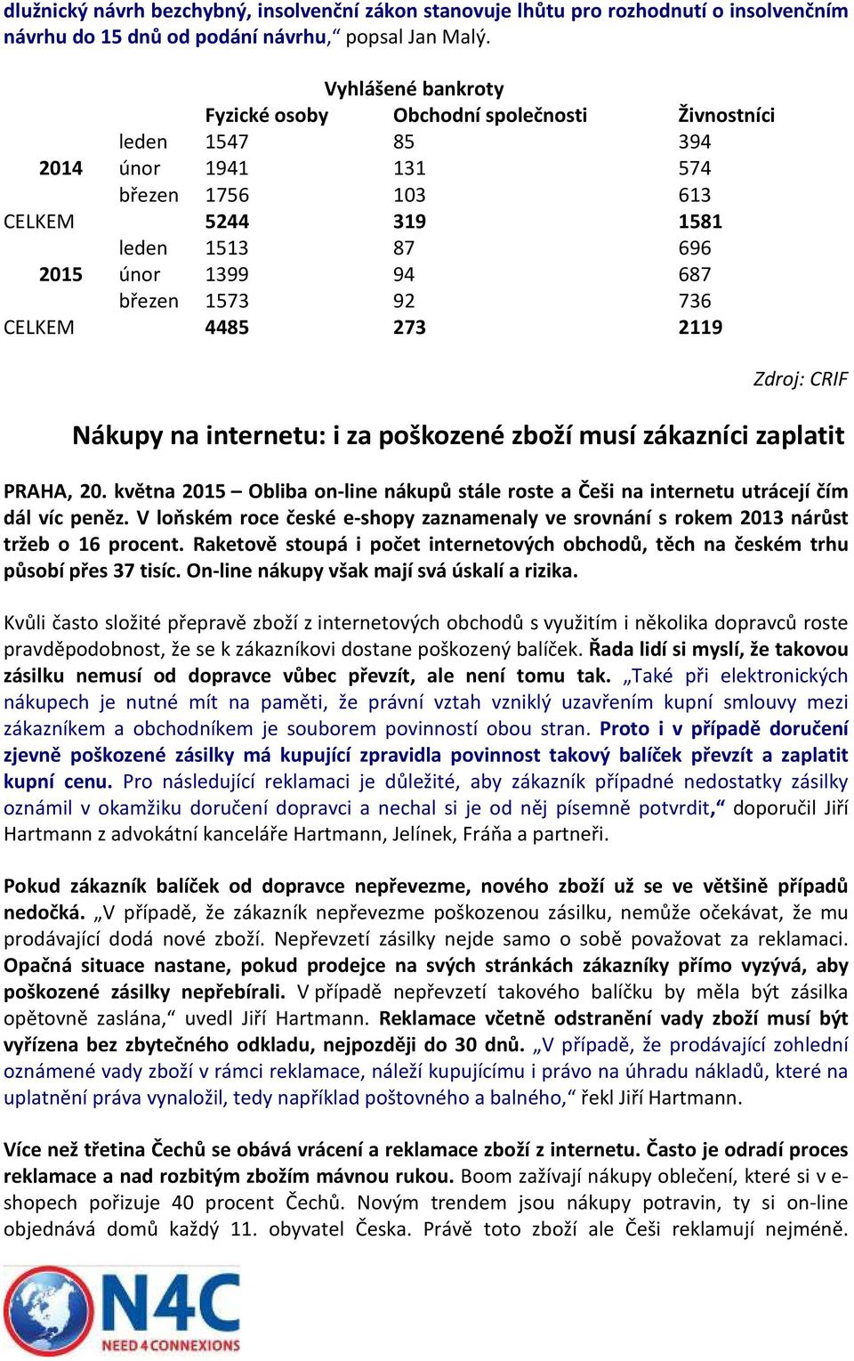 92 736 CELKEM 4485 273 2119 Zdroj: CRIF Nákupy na internetu: i za poškozené zboží musí zákazníci zaplatit PRAHA, 20.