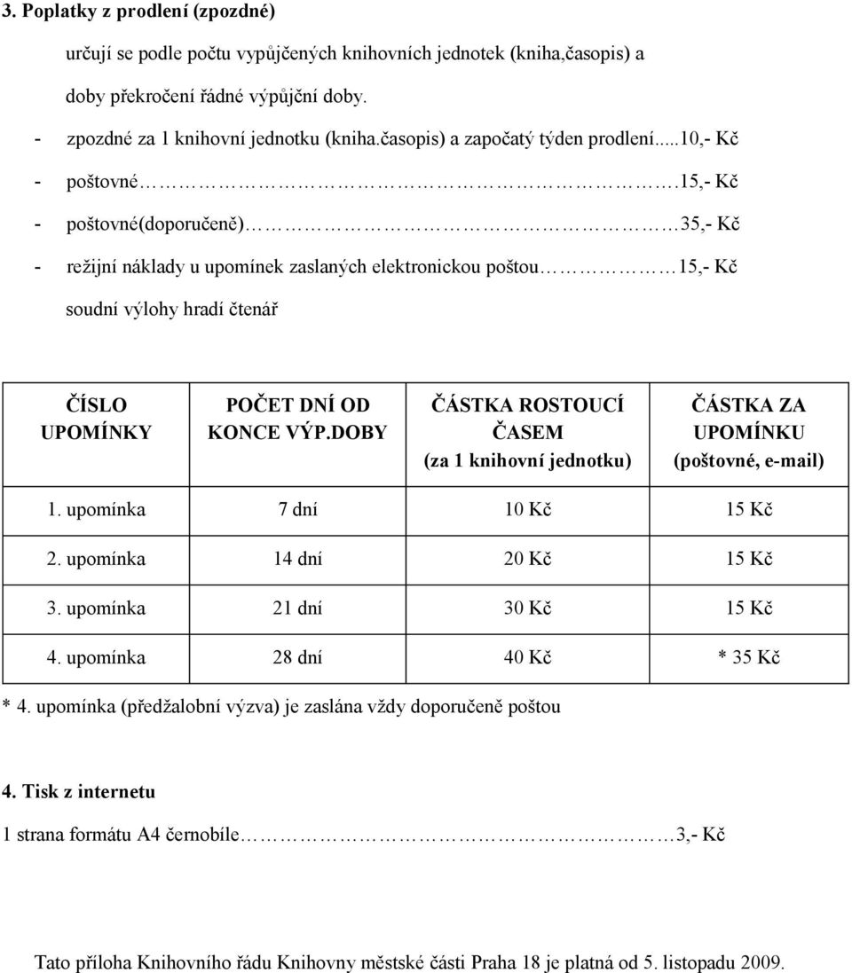 15,- Kč - poštovné(doporučeně) 35,- Kč - režijní náklady u upomínek zaslaných elektronickou poštou 15,- Kč soudní výlohy hradí čtenář ČÍSLO UPOMÍNKY POČET DNÍ OD KONCE VÝP.