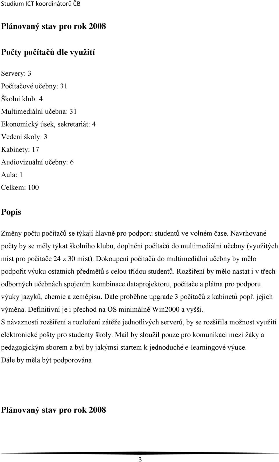 Navrhované počty by se měly týkat školního klubu, doplnění počítačů do multimediální učebny (využitých míst pro počítače 24 z 30 míst).