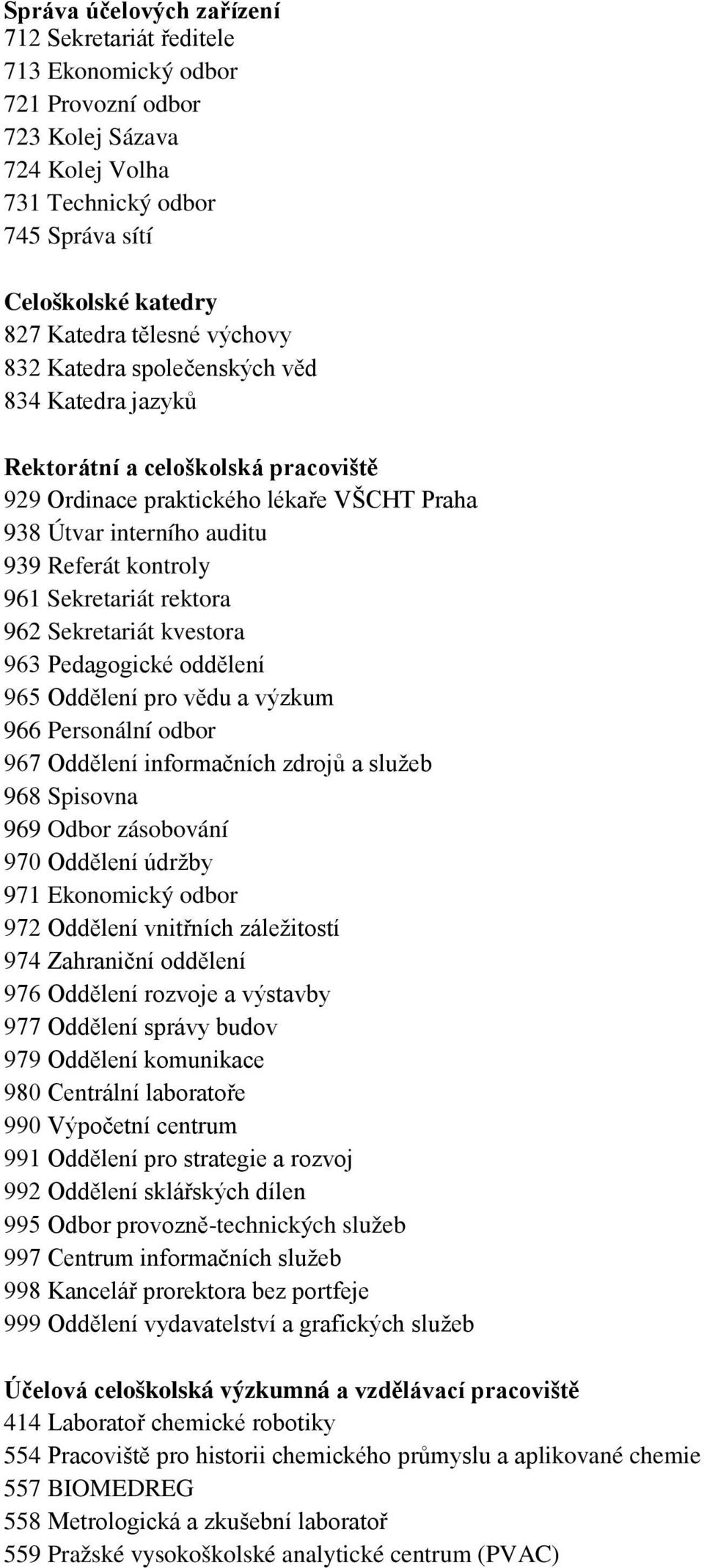 962 Sekretariát kvestora 963 Pedagogické oddělení 965 Oddělení pro vědu a výzkum 966 Personální odbor 967 Oddělení informačních zdrojů a služeb 968 Spisovna 969 Odbor zásobování 970 Oddělení údržby