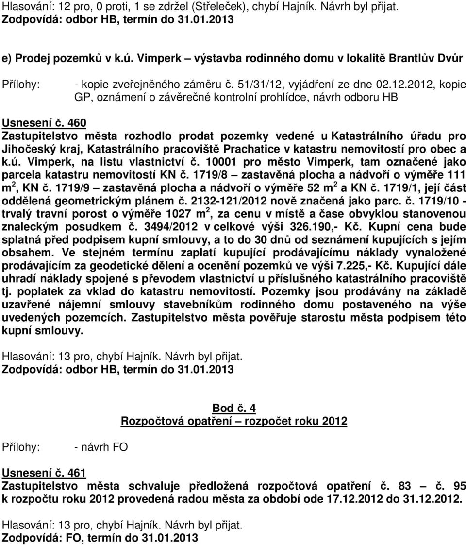 460 Zastupitelstvo města rozhodlo prodat pozemky vedené u Katastrálního úřadu pro Jihočeský kraj, Katastrálního pracoviště Prachatice v katastru nemovitostí pro obec a k.ú. Vimperk, na listu vlastnictví č.