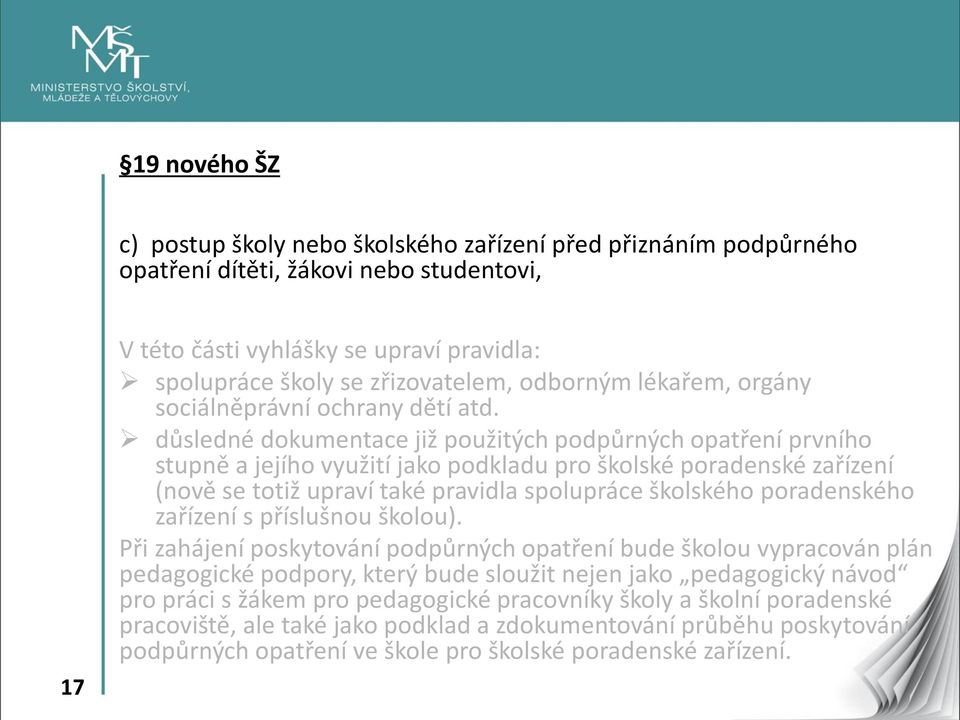 důsledné dokumentace již použitých podpůrných opatření prvního stupně a jejího využití jako podkladu pro školské poradenské zařízení (nově se totiž upraví také pravidla spolupráce školského