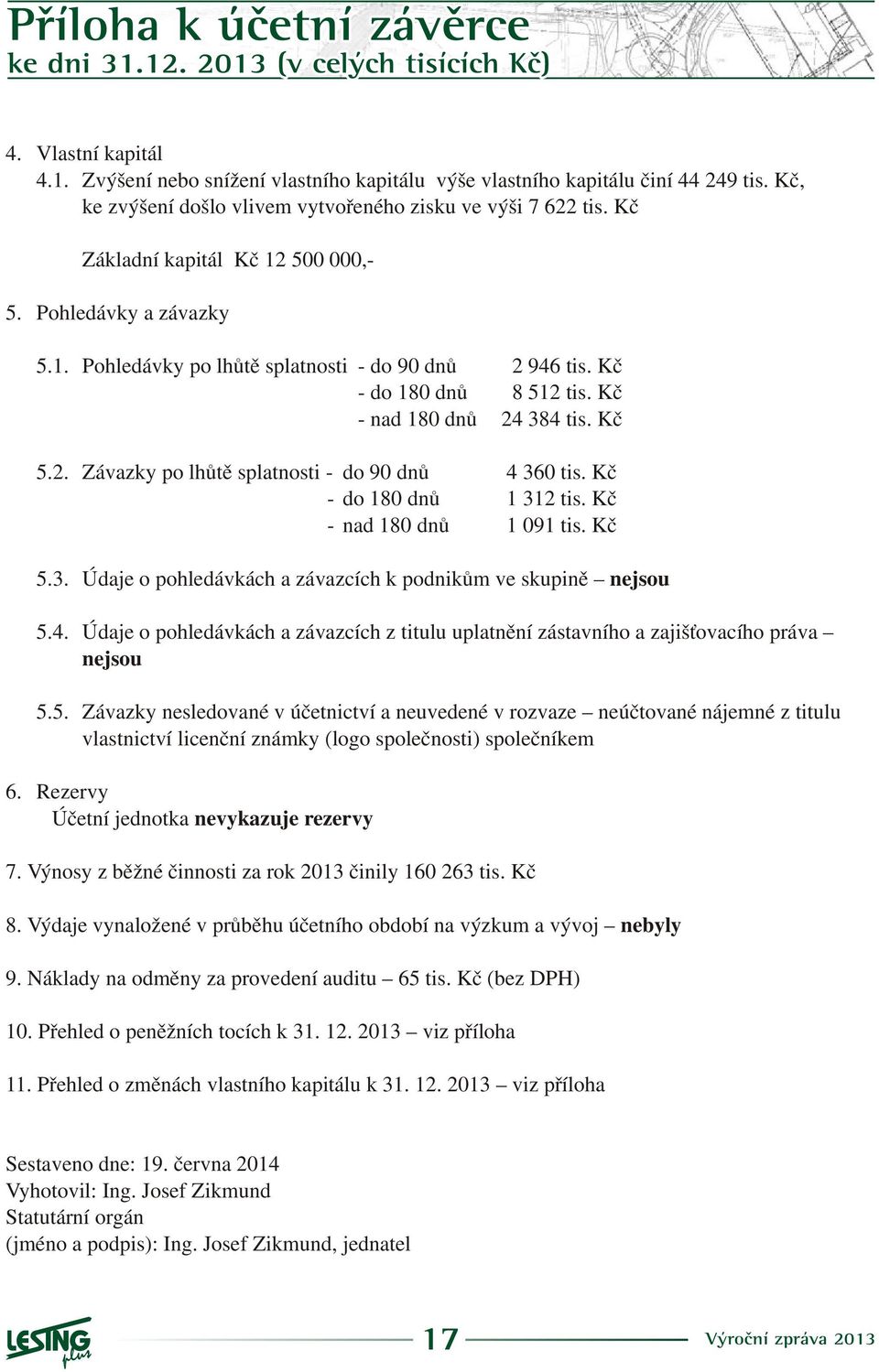 Kè - do 18 dnù 1 312 tis. Kè - nad 18 dnù 1 91 tis. Kè 5.3. Údaje o pohledávkách a závazcích k podnikùm ve skupinì nejsou 5.4.