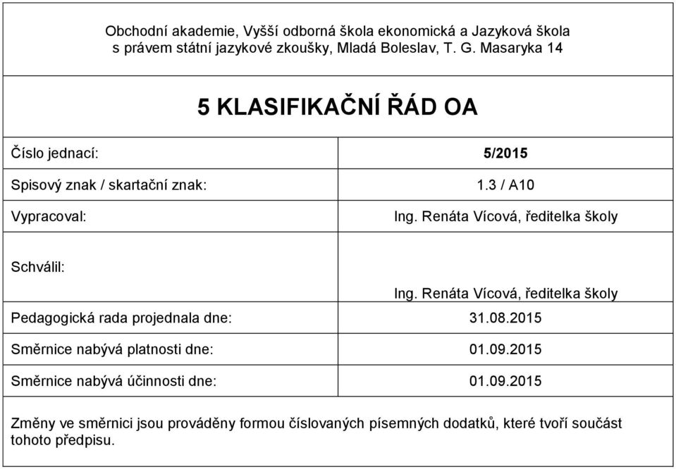 Renáta Vícová, ředitelka školy Schválil: Ing. Renáta Vícová, ředitelka školy Pedagogická rada projednala dne: 31.08.