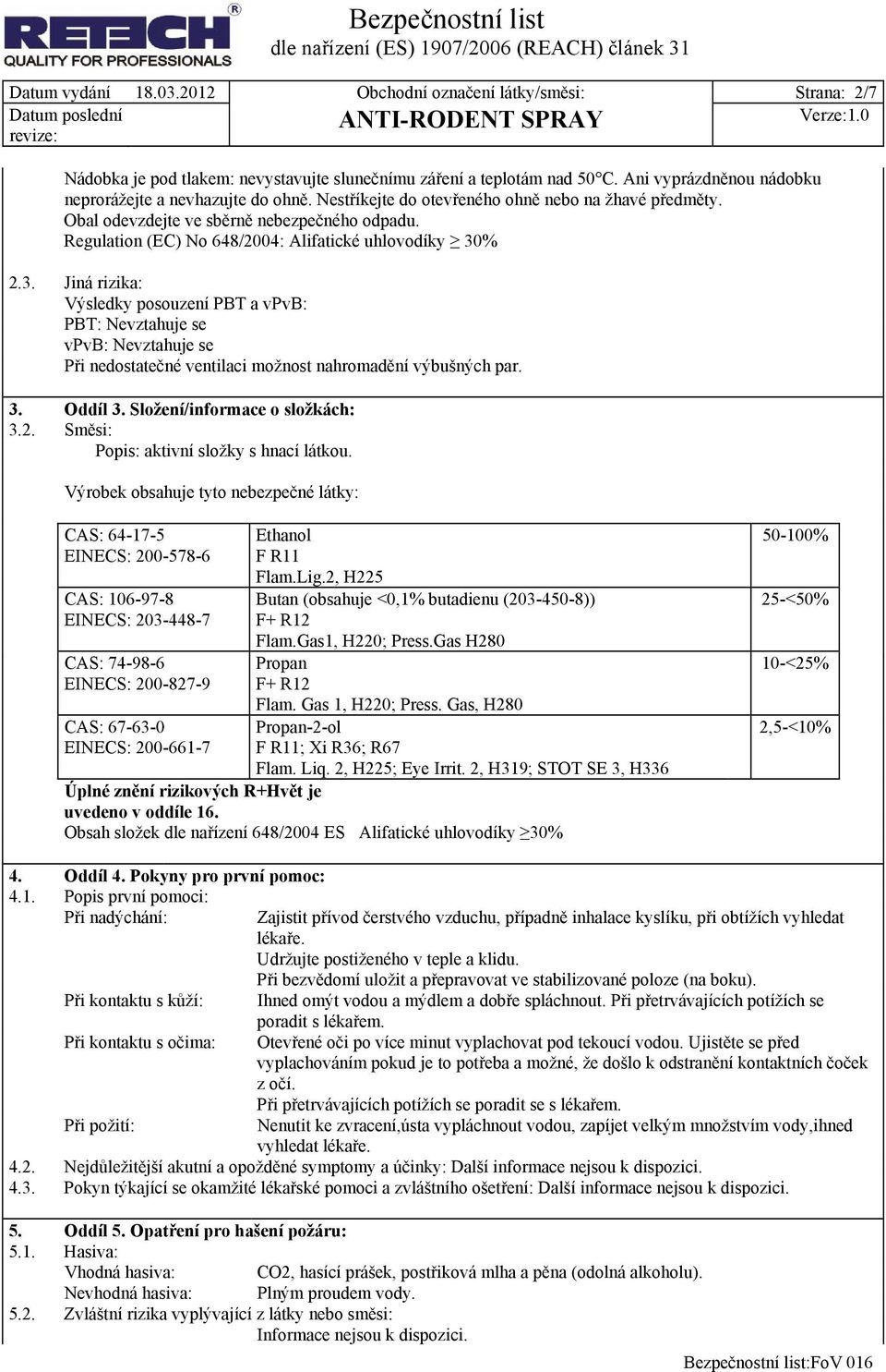 Regulation (EC) No 648/2004: Alifatické uhlovodíky 30% 2.3. Jiná rizika: Výsledky posouzení PBT a vpvb: PBT: Nevztahuje se vpvb: Nevztahuje se Při nedostatečné ventilaci možnost nahromadění výbušných par.