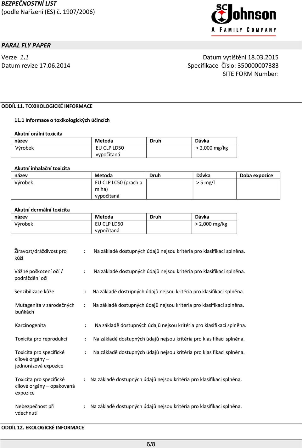 Dávka Doba expozice Výrobek EU CLP LC50 (prach a mlha) vypočítaná > 5 mg/l Akutní dermální toxicita název Metoda Druh Dávka Výrobek EU CLP LD50 vypočítaná > 2,000 mg/kg