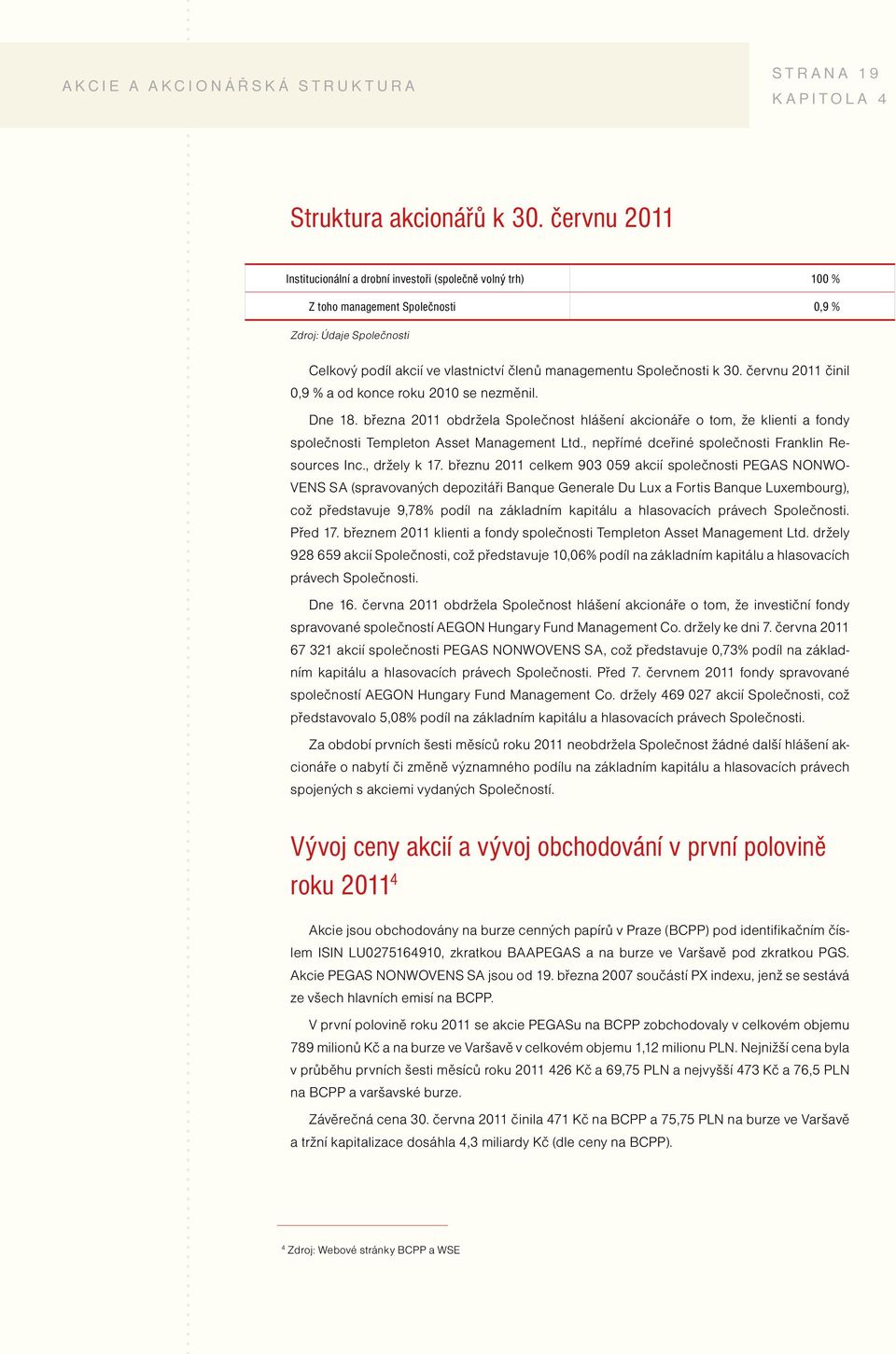 k 30. červnu 2011 činil 0,9 % a od konce roku 2010 se nezměnil. Dne 18. března 2011 obdržela Společnost hlášení akcionáře o tom, že klienti a fondy společnosti Templeton Asset Management Ltd.