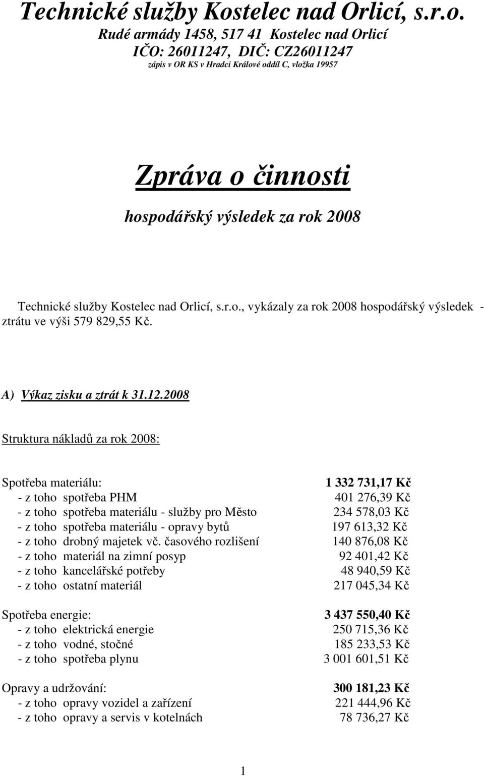 Rudé armády 1458, 517 41 Kostelec nad Orlicí IČO: 26011247, DIČ: CZ26011247 zápis v OR KS v Hradci Králové oddíl C, vložka 19957 Zpráva o činnosti hospodářský výsledek za rok 2008 , vykázaly za rok