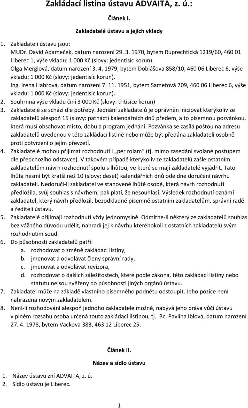 Ing. Irena Habrová, datum narození 7. 11. 1951, bytem Sametová 709, 460 06 Liberec 6, výše vkladu: 1 000 Kč (slovy: jedentisíc korun). 2. Souhrnná výše vkladu činí 3 000 Kč (slovy: třitisíce korun) 3.