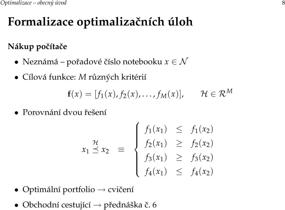 .., f M (x)], H R M Porovnání dvou řešení x 1 H x2 f 1 (x 1 ) f 1 (x 2 ) f 2 (x 1 ) f 2 (x 2