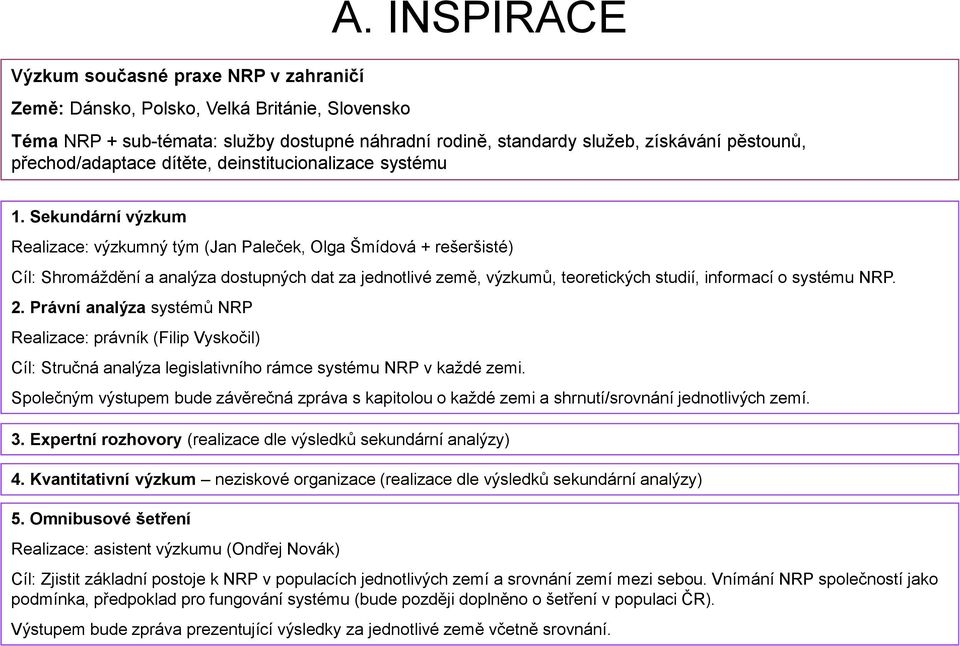 Sekundární výzkum Realizace: výzkumný tým (Jan Paleček, Olga Šmídová + rešeršisté) Cíl: Shromáždění a analýza dostupných dat za jednotlivé země, výzkumů, teoretických studií, informací o systému NRP.